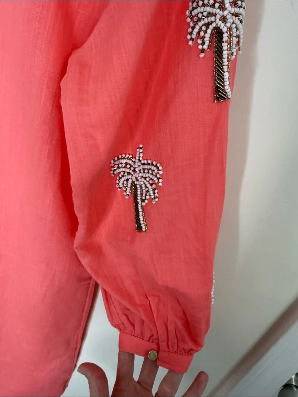 Talbots Linen Blend Shift Dress Size S Petite Palm Tree Embellished Coral NWT - Picture 10 of 14
